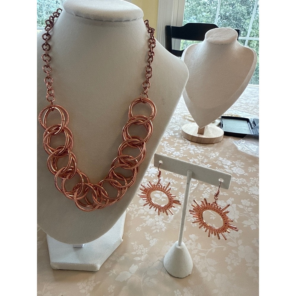 Rose Gold Tone Statement Necklace and Sunburst Earrings Jewelry Set